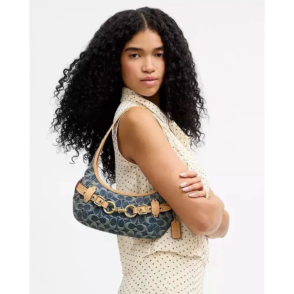 NWT Coach Belted Ergo Shoulder Bag 26 Signature Regenerative Cotton Denim CEN94